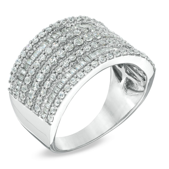 1 CT. T.w. Baguette and Round Diamond Multi-Row Ring in 10K White Gold