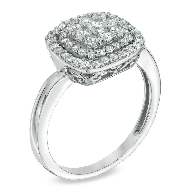 1/2 CT. T.W. Diamond Cushion Cluster Frame Ring in 10K White Gold