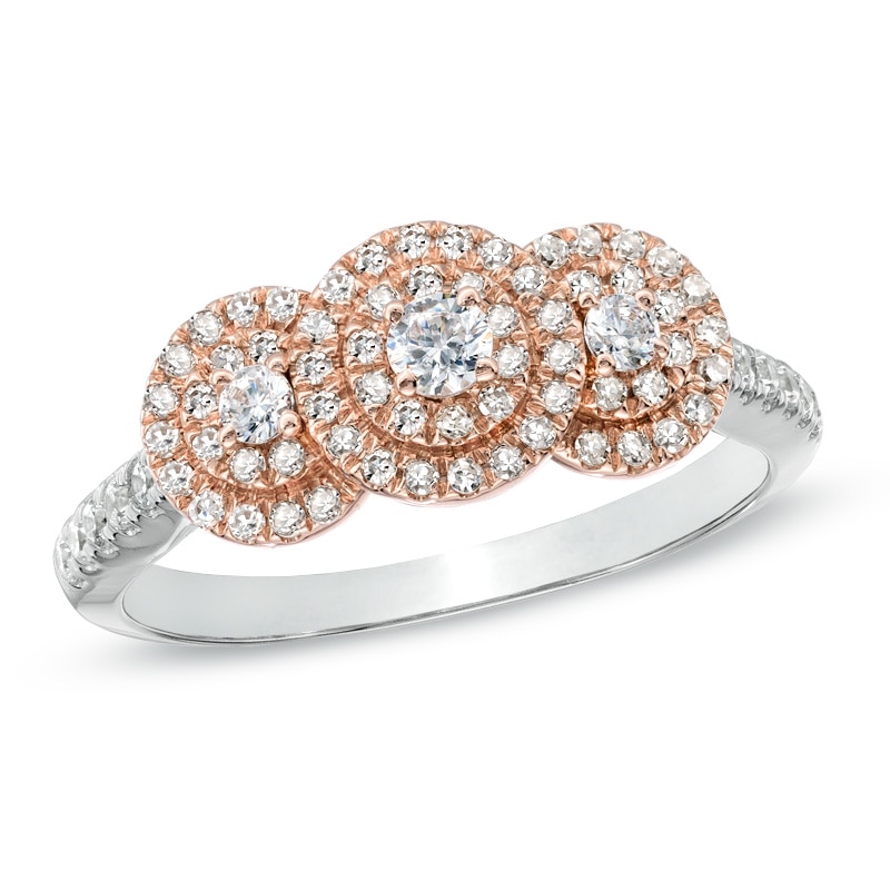 Main Image 1 of 1/2 CT. T.W. Diamond Double Frame Three Stone Engagement Ring in 10K Two-Tone Gold