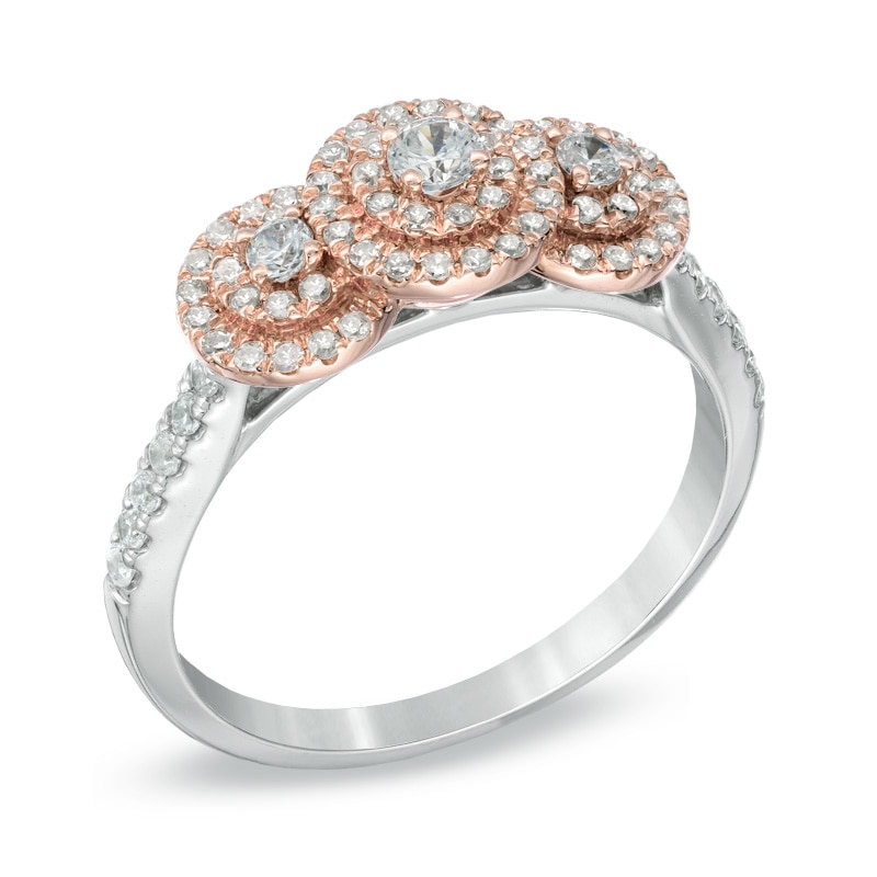 Main Image 2 of 1/2 CT. T.W. Diamond Double Frame Three Stone Engagement Ring in 10K Two-Tone Gold