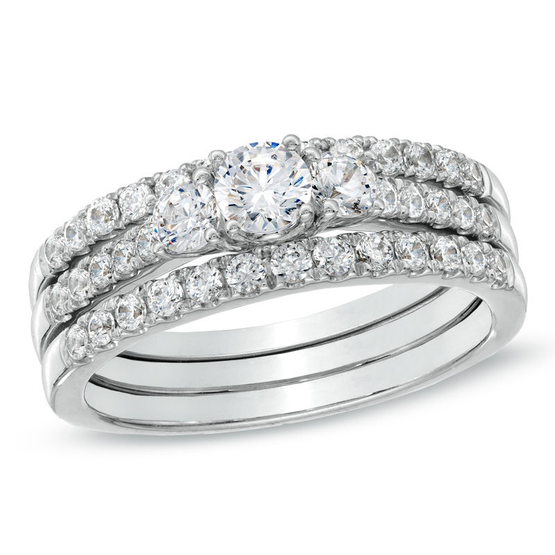 1 CT. T.W. Diamond Three Stone Bridal Set in 14K White Gold