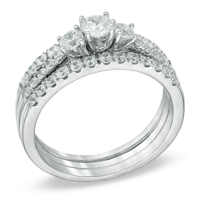 1 CT. T.W. Diamond Three Stone Bridal Set in 14K White Gold