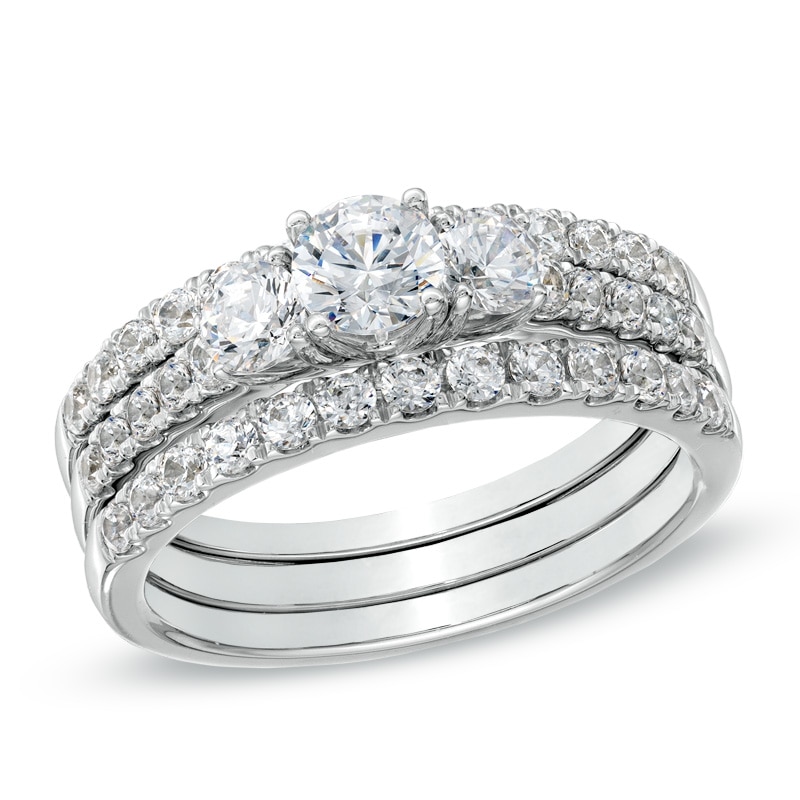 Main Image 1 of 1-1/2 CT. T.W. Diamond Three Stone Bridal Set in 14K White Gold