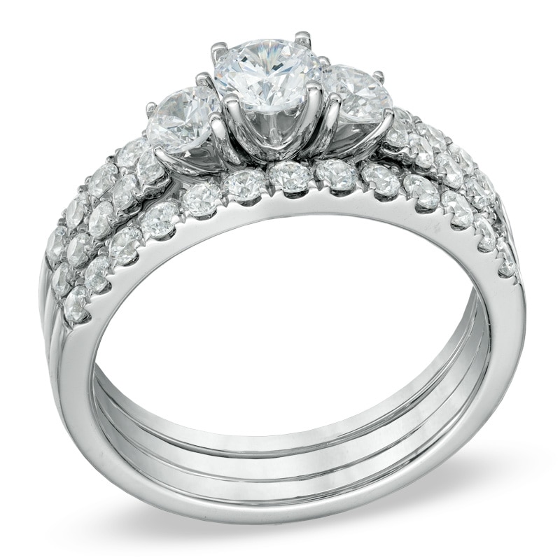 Main Image 2 of 1-1/2 CT. T.W. Diamond Three Stone Bridal Set in 14K White Gold