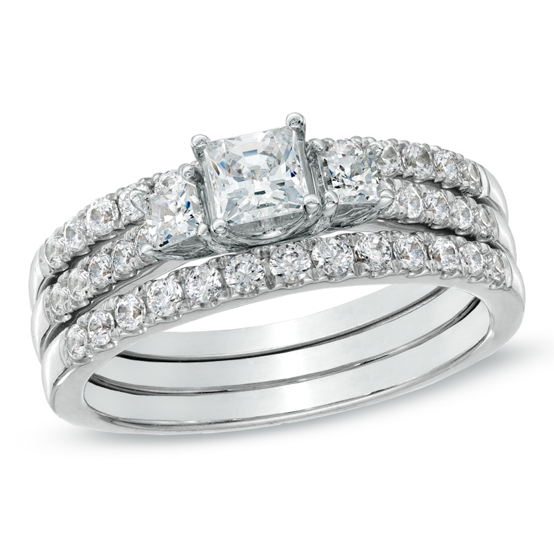 Main Image 1 of 1-1/2 CT. T.W. Princess-Cut Diamond Three Stone Bridal Set in 14K White Gold