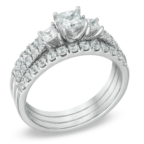 1-1/2 CT. T.w. Princess-Cut Diamond Three Stone Bridal Set in 14K White Gold