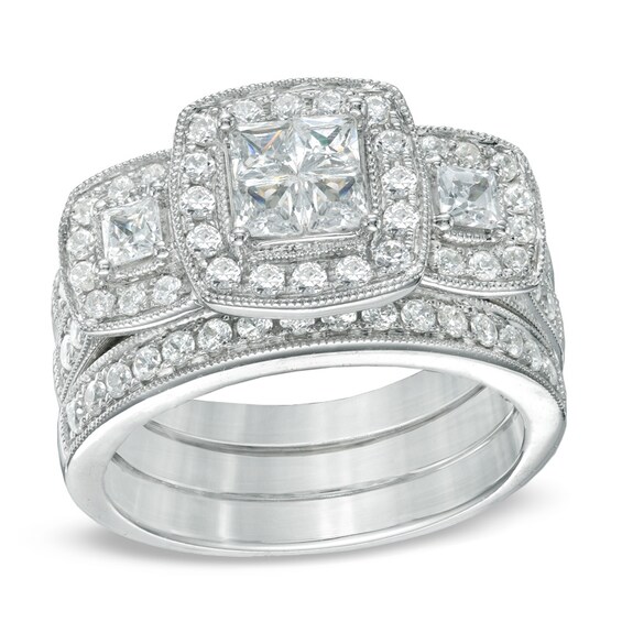 1-1/2 CT. T.w. Princess-Cut Quad Diamond Three Stone Frame Bridal Set in 14K White Gold