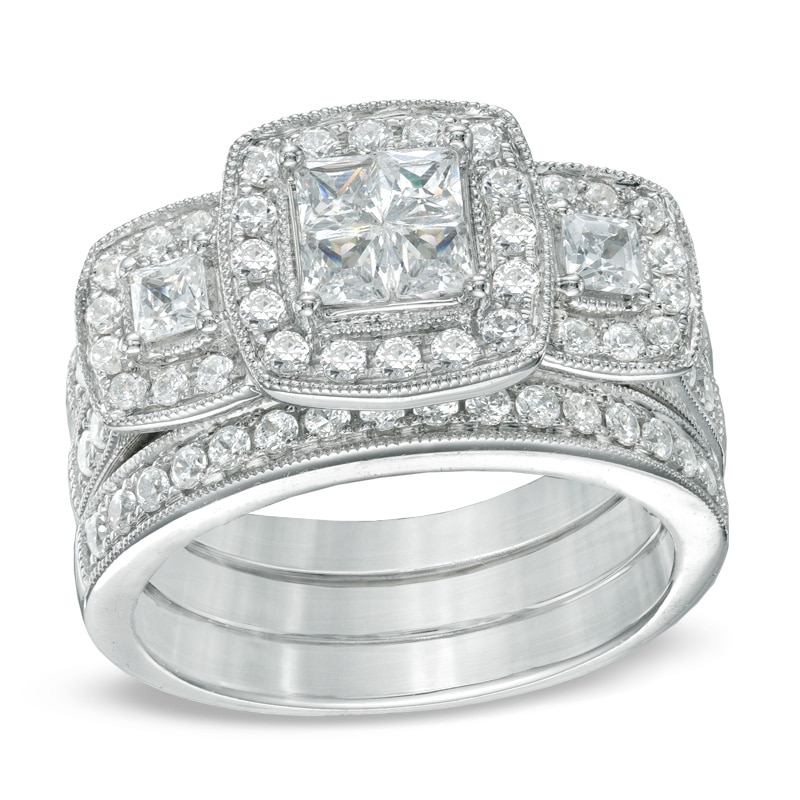 Main Image 1 of 1-1/2 CT. T.W. Princess-Cut Quad Diamond Three Stone Frame Bridal Set in 14K White Gold