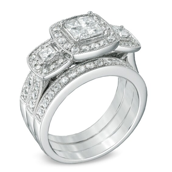 1-1/2 CT. T.w. Princess-Cut Quad Diamond Three Stone Frame Bridal Set in 14K White Gold