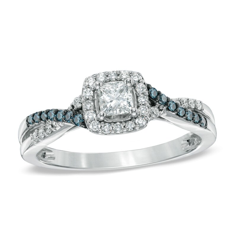 Main Image 1 of 1/2 CT. T.W. Enhanced Blue and White Diamond Frame Twist Shank Engagement Ring in 10K White Gold