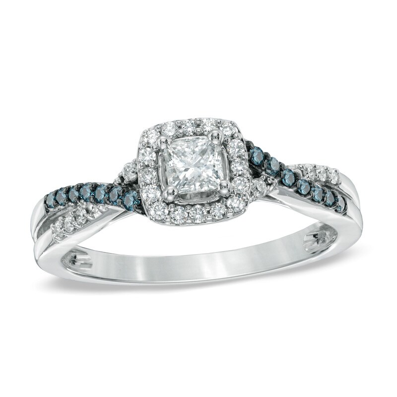 1/2 CT. T.W. Enhanced Blue and White Diamond Frame Twist Shank Engagement Ring in 10K White Gold