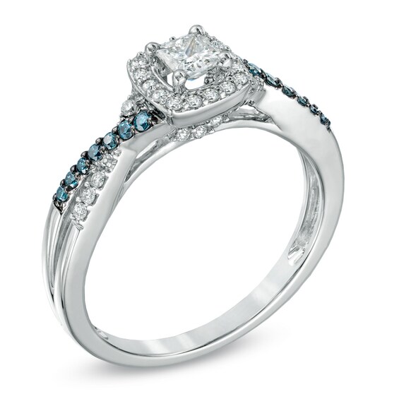 1/2 CT. T.w. Enhanced Blue and White Diamond Frame Twist Shank Engagement Ring in 10K White Gold