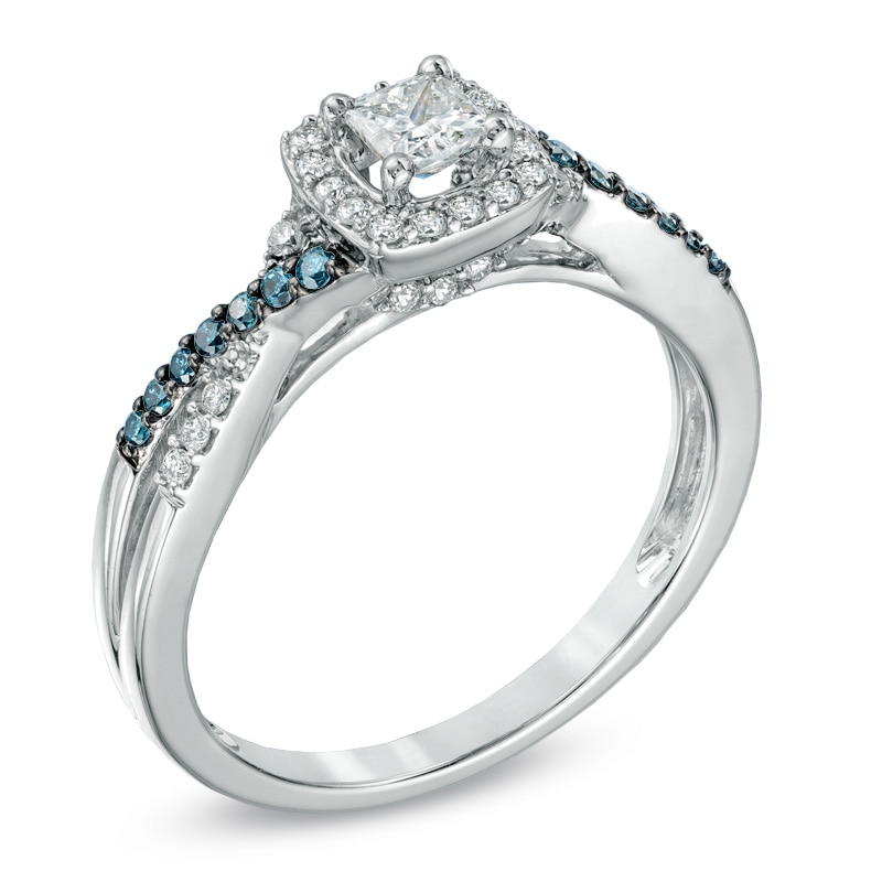 1/2 CT. T.W. Enhanced Blue and White Diamond Frame Twist Shank Engagement Ring in 10K White Gold