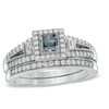 Thumbnail Image 1 of 5/8 CT. T.W. Enhanced Blue and White Diamond Frame Vintage-Style Bridal Set in 10K White Gold