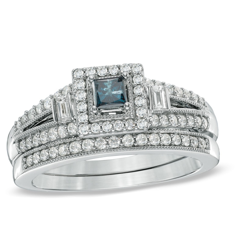 Main Image 1 of 5/8 CT. T.W. Enhanced Blue and White Diamond Frame Vintage-Style Bridal Set in 10K White Gold