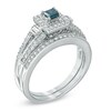 Thumbnail Image 1 of 5/8 CT. T.W. Enhanced Blue and White Diamond Frame Vintage-Style Bridal Set in 10K White Gold