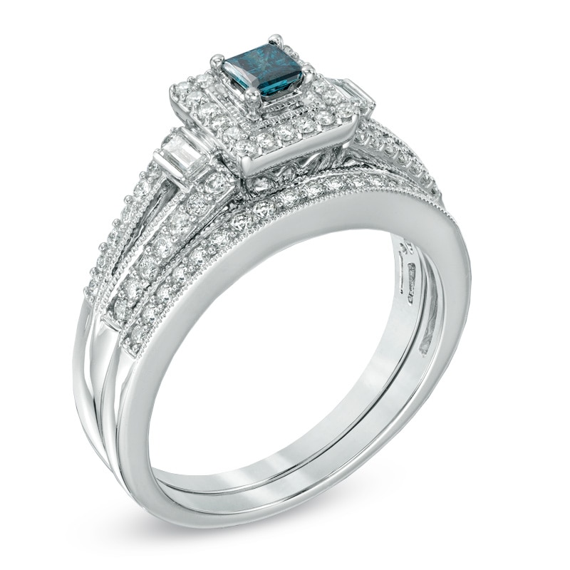 5/8 CT. T.W. Enhanced Blue and White Diamond Frame Vintage-Style Bridal Set in 10K White Gold