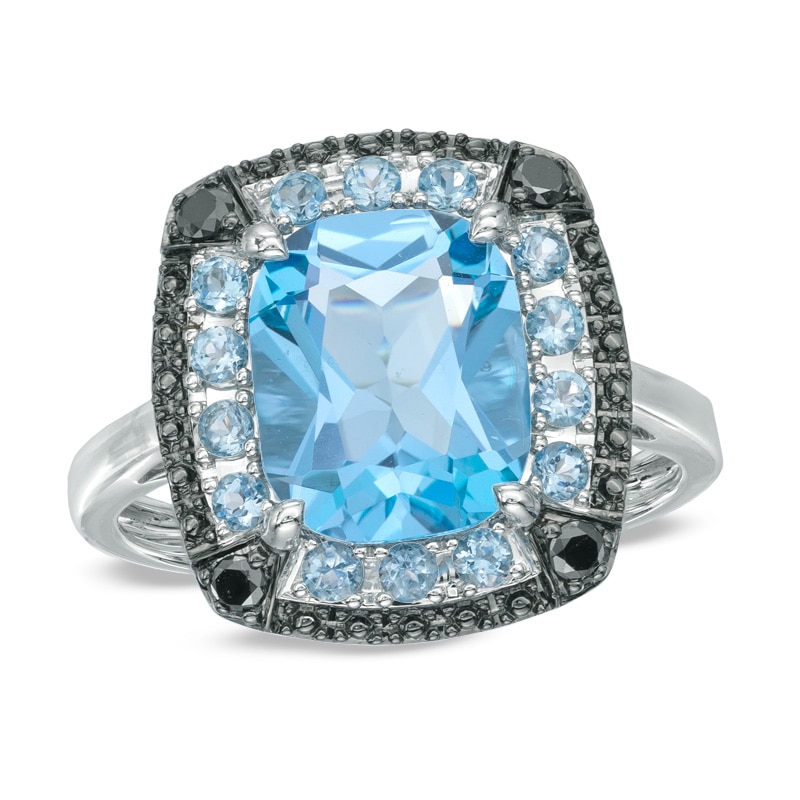 Cushion-Cut Swiss Blue Topaz and Black Diamond Accent Ring in 10K White Gold