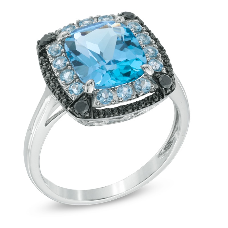 Cushion-Cut Swiss Blue Topaz and Black Diamond Accent Ring in 10K White Gold
