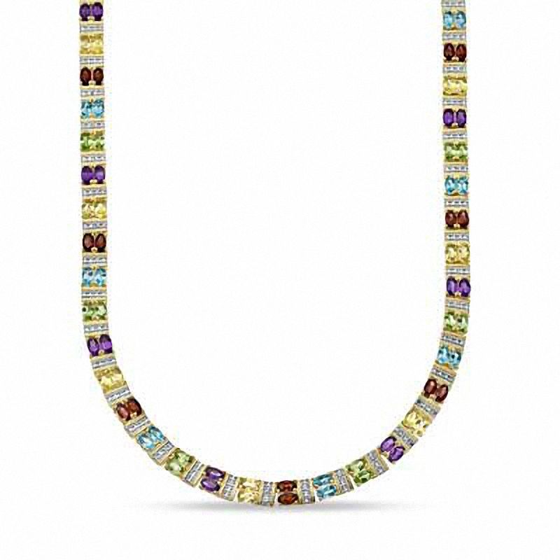 Main Image 1 of Oval Multi-Gemstone and Diamond Accent Necklace in Sterling Silver with 18K Gold Plate - 17"