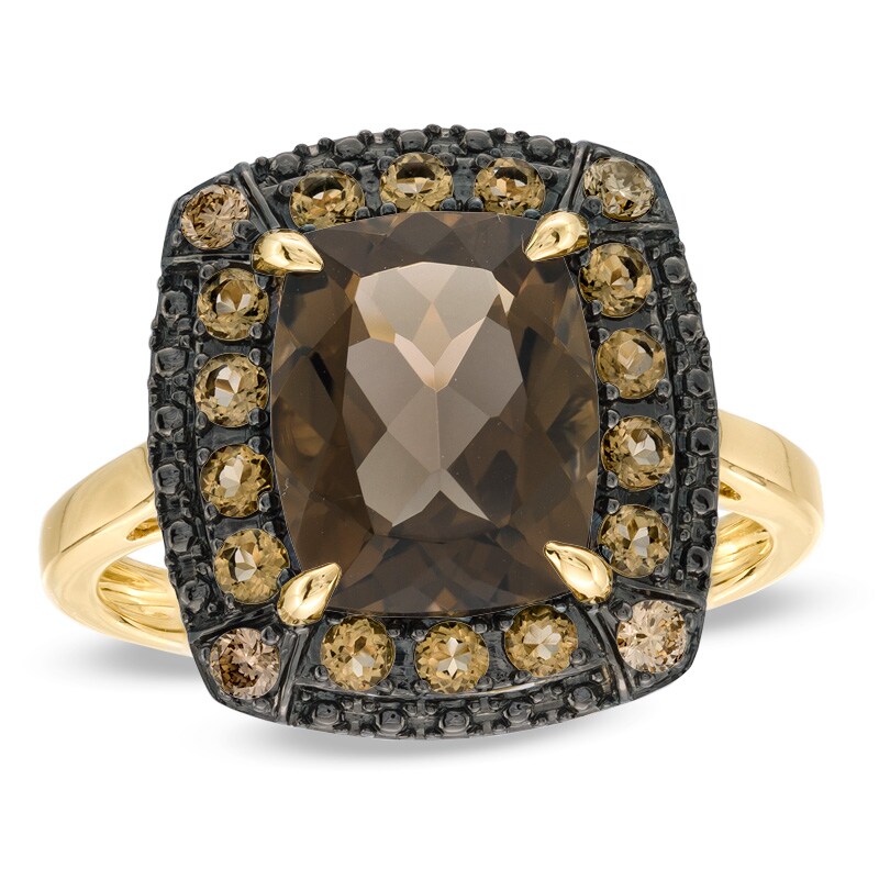 Main Image 1 of Cushion-Cut Smoky and Whiskey Quartz with Enhanced Champagne Diamond Accent Ring in 10K Gold