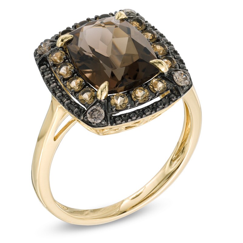 Main Image 2 of Cushion-Cut Smoky and Whiskey Quartz with Enhanced Champagne Diamond Accent Ring in 10K Gold