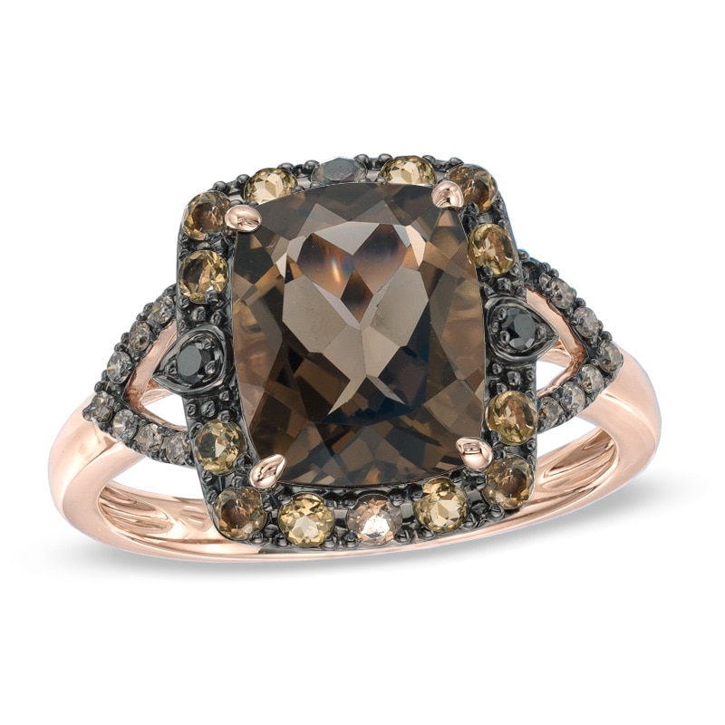 Cushion-Cut Smoky Quartz with 1/10 CT. T.W. Champagne and Black Diamond Ring in 10K Rose Gold