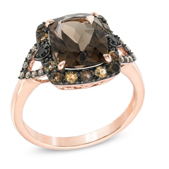 Cushion-Cut Smoky Quartz with 1/10 CT. T.w. Champagne and Black Diamond Ring in 10K Rose Gold