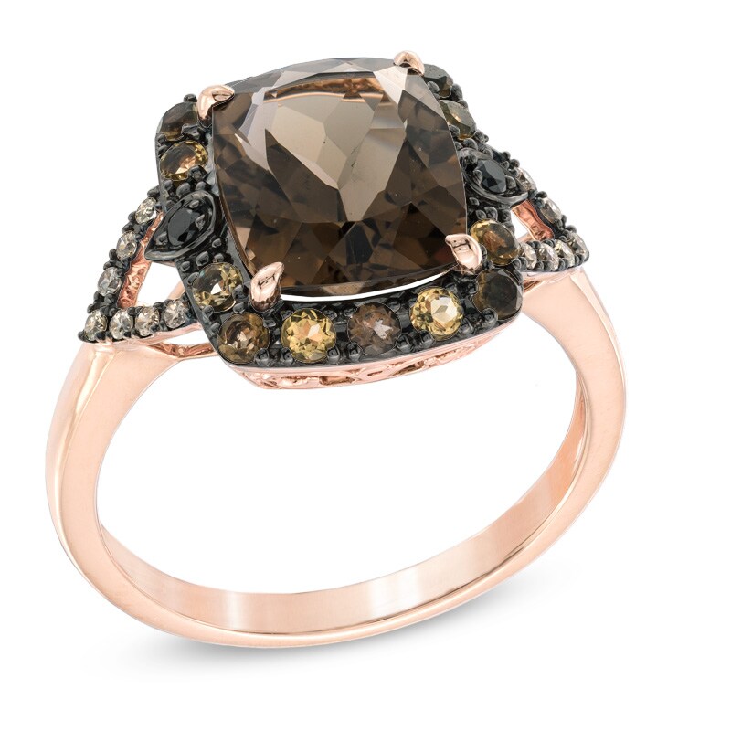 Cushion-Cut Smoky Quartz with 1/10 CT. T.W. Champagne and Black Diamond Ring in 10K Rose Gold