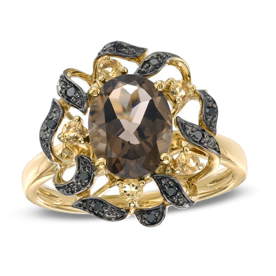 Oval Smoky and Whiskey Quartz with Black Diamond Accent Ring in 10K Gold
