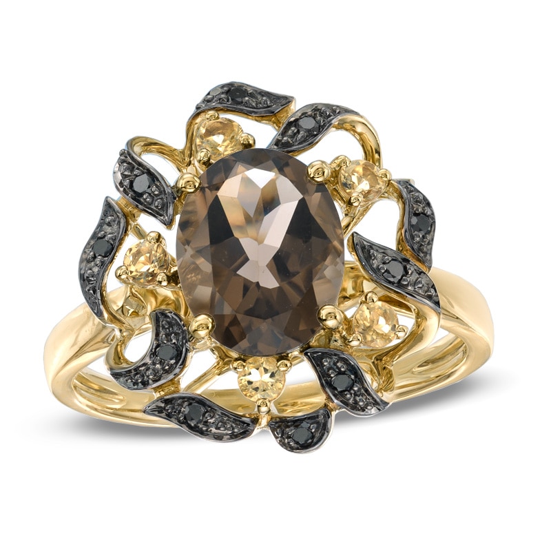 Main Image 1 of Oval Smoky and Whiskey Quartz with Black Diamond Accent Ring in 10K Gold