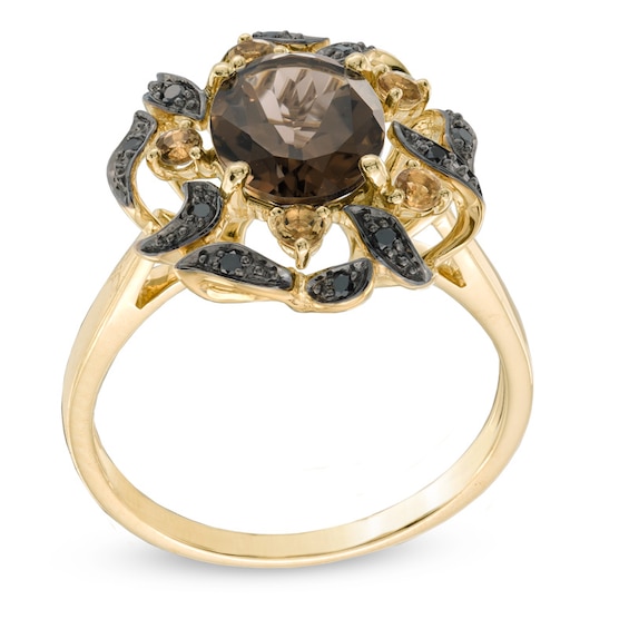 Oval Smoky and Whiskey Quartz with Black Diamond Accent Ring in 10K Gold