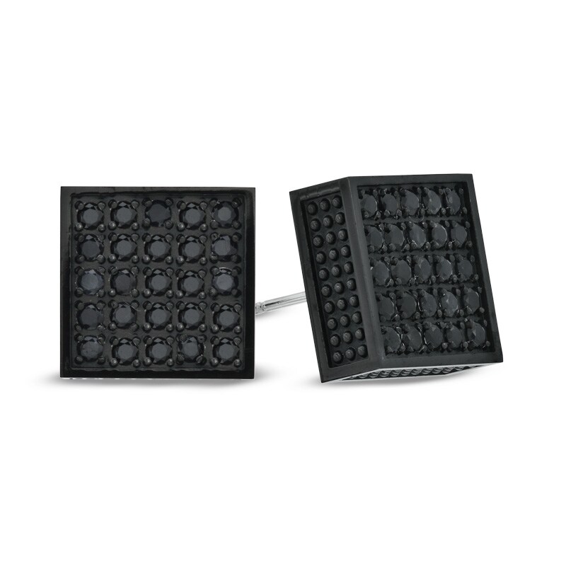 Main Image 1 of Black Sapphire Square Stud Earrings in Black IP Stainless Steel