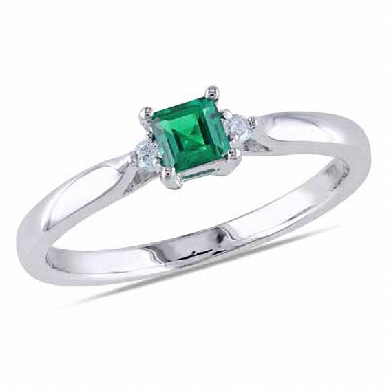 Princess-Cut Lab-Created Emerald and 1/20 CT. T.w. Diamond Ring in Sterling Silver