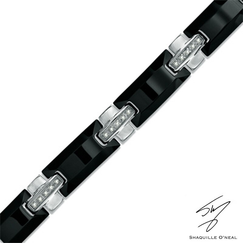 Men's 3/8 CT. T.W. Diamond Cross Bracelet in Black Tungsten and Stainless Steel - 8.5"