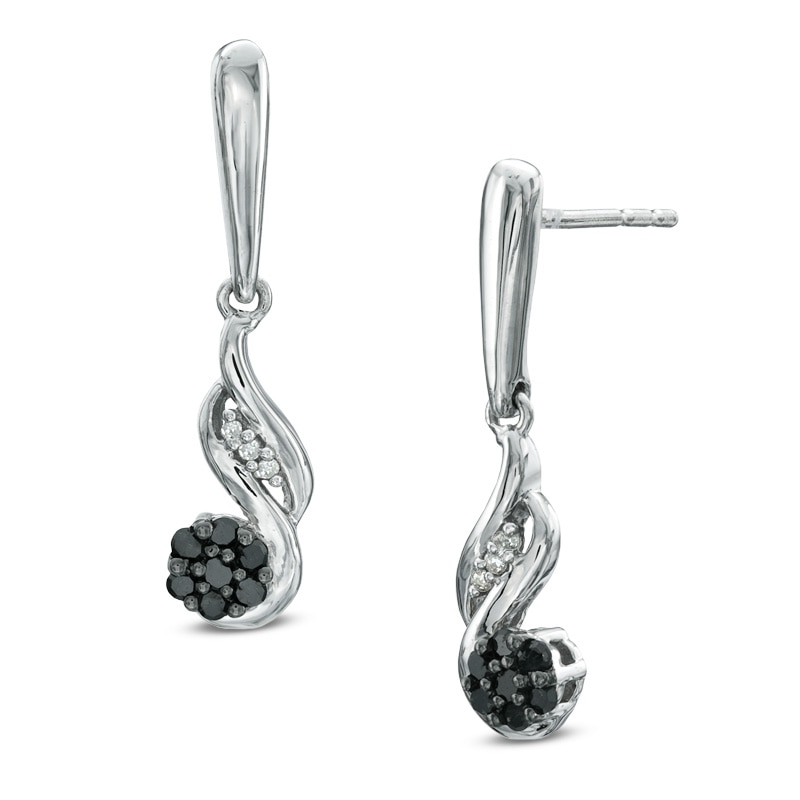 Main Image 1 of 1/8 CT. T.W. Enhanced Black and White Diamond Cascading Cluster Drop Earrings in Sterling Silver