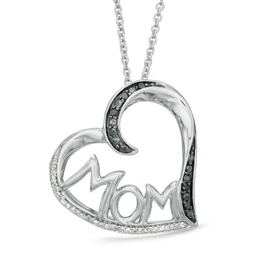 1/10 CT. T.w. Enhanced Black and White Diamond Tilted Heart with Mom Pendant in Sterling Silver