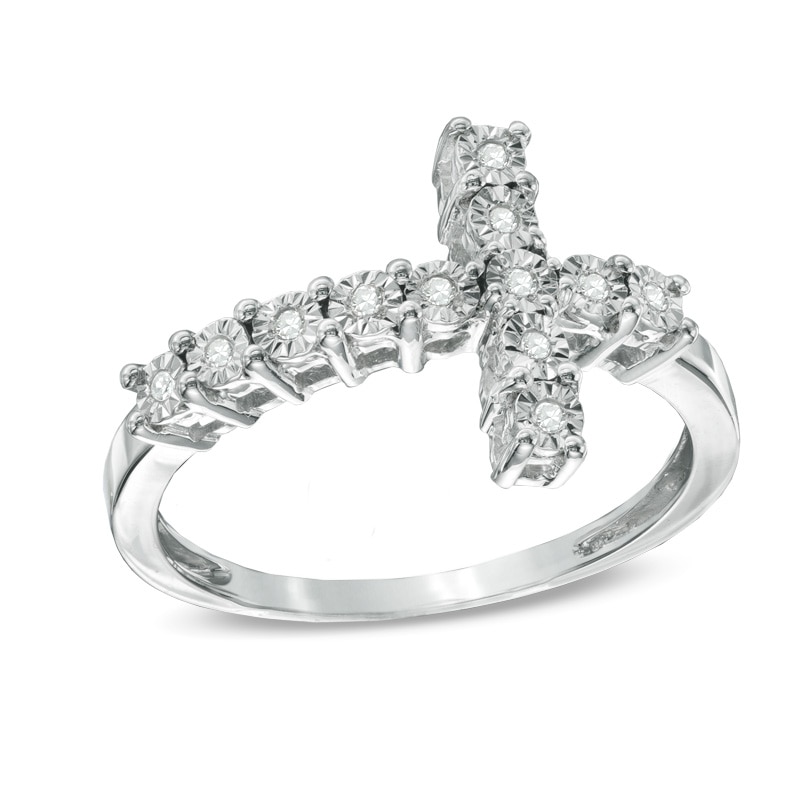 Main Image 1 of 1/20 CT. T.W. Diamond Sideways Cross Ring in Sterling Silver