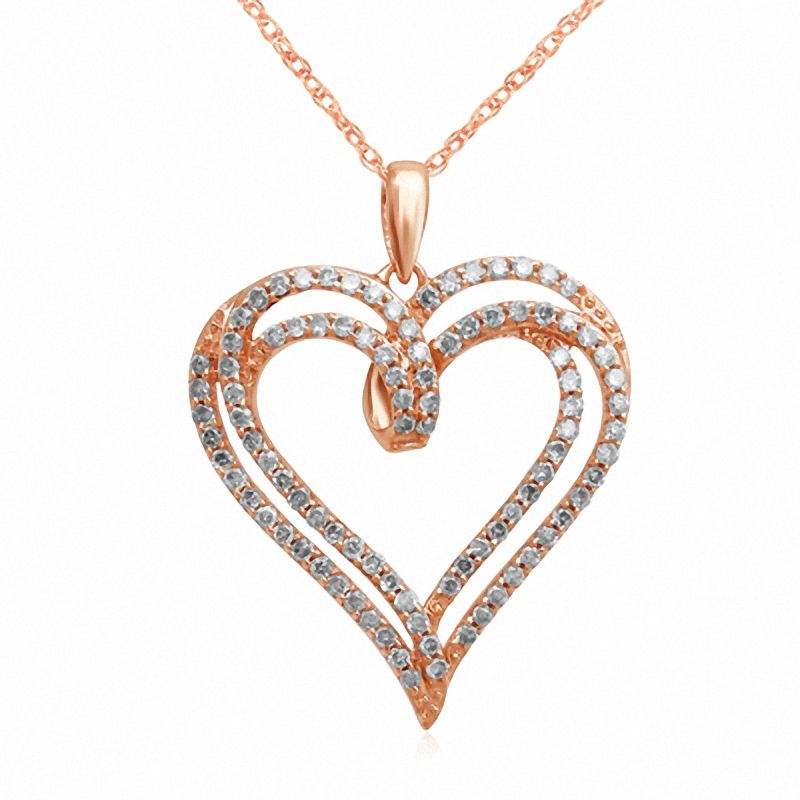 Main Image 1 of 1/2 CT. T.W. Diamond Looping Double Heart Pendant in 10K Rose Gold