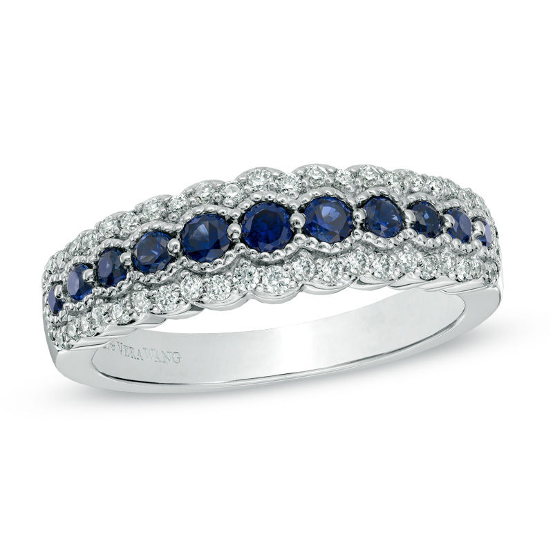 Vera Wang Love Collection Blue Sapphire and 1/5 CT. T.W. Diamond Anniversary Band in 14K White Gold