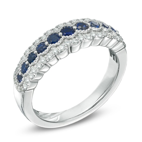 Vera Wang Love Collection Blue Sapphire and 1/5 CT. T.w. Diamond Anniversary Band in 14K White Gold