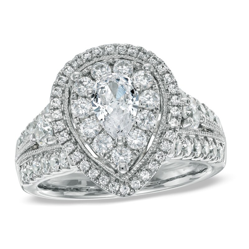 Main Image 1 of 1-3/4 CT. T.W. Pear-Shaped Diamond Double Frame Engagement Ring in 14K White Gold