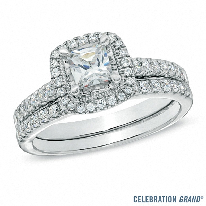 Main Image 1 of Celebration Ideal 1 CT. T.W. Princess-Cut Certified Diamond Frame Vintage-Style Bridal Set in 14K White Gold (J/I1)