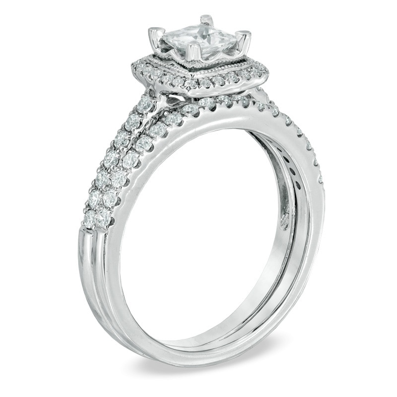 Main Image 2 of Celebration Ideal 1 CT. T.W. Princess-Cut Certified Diamond Frame Vintage-Style Bridal Set in 14K White Gold (J/I1)