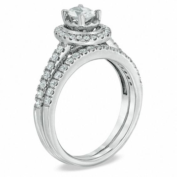 Celebration Ideal 1 CT. T.w. Oval Certified Diamond Frame Vintage-Style Bridal Set in 14K White Gold (J/I1)