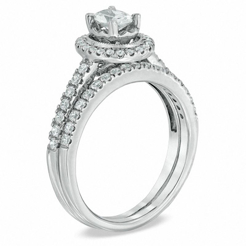 Main Image 2 of Celebration Ideal 1 CT. T.W. Oval Certified Diamond Frame Vintage-Style Bridal Set in 14K White Gold (J/I1)