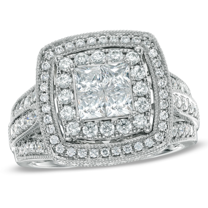 Main Image 1 of 1-3/4 CT. T.W. Princess-Cut Quad Diamond Double Frame Engagement Ring in 14K White Gold