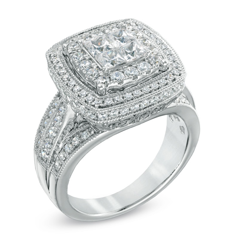 Main Image 2 of 1-3/4 CT. T.W. Princess-Cut Quad Diamond Double Frame Engagement Ring in 14K White Gold