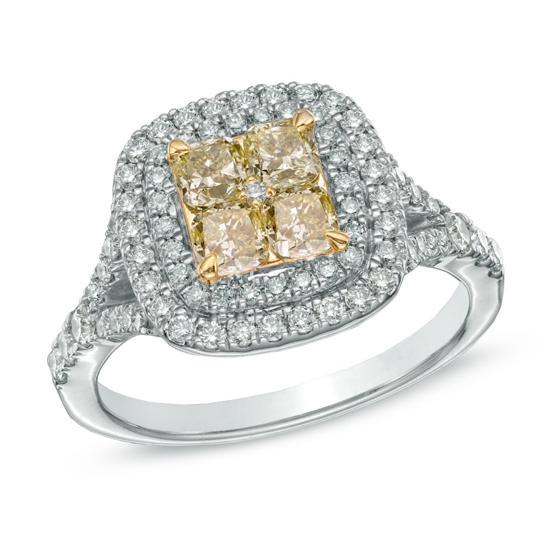 Main Image 1 of 1-1/3 CT. T.W. Yellow and White Quad Diamond Double Frame Engagement Ring in 14K White Gold