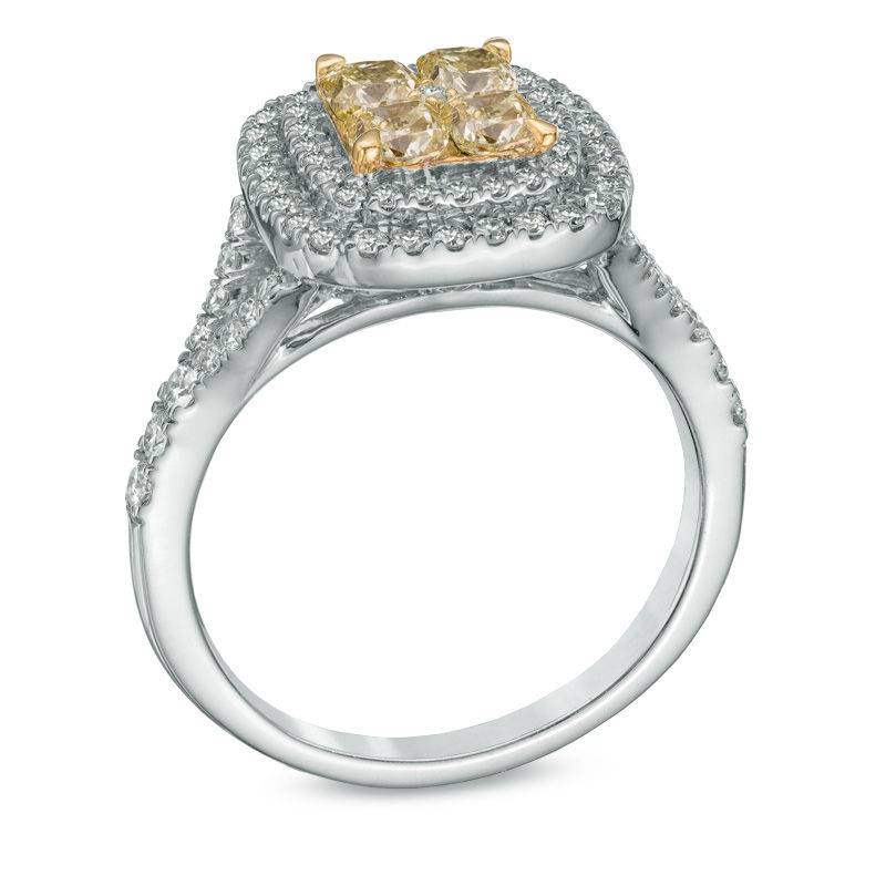 Main Image 2 of 1-1/3 CT. T.W. Yellow and White Quad Diamond Double Frame Engagement Ring in 14K White Gold